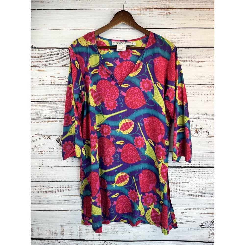 Gretchen Scott Parrot Tunic Dress Cotton Bright S Pink Blue Purple Long Sleeve